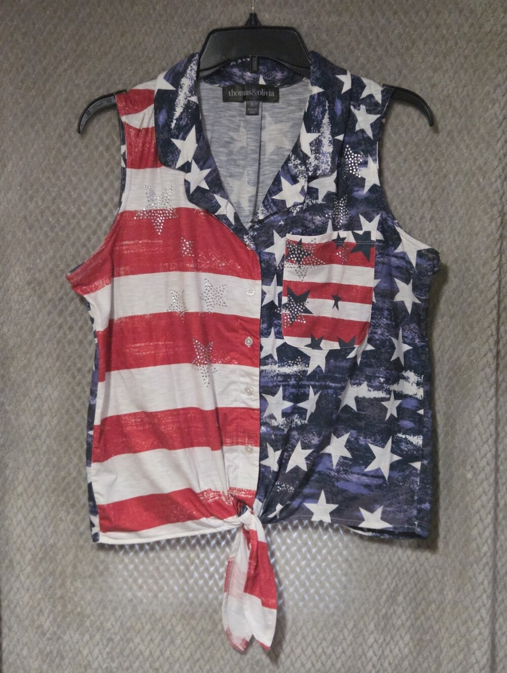 Thomas & Olivia American Flag Button Down Sleeveless Blouse